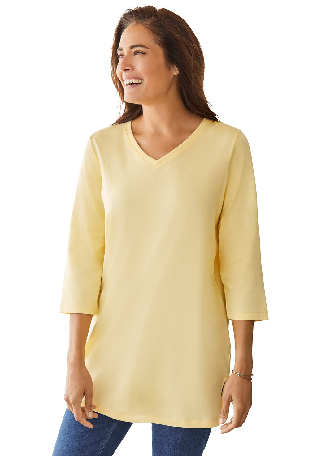 Woman Within Plus Size Perfect Three-Quarter Sleeve V-Neck Tunic