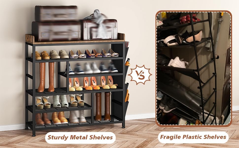 EnHomee Shoe Rack for Entryway, 6 Tier Shoe Organizer with Adjustable Shelves, 22 Pairs, Shoe Shelf with Wooden Top and Side Pocket for Closet, Entryway, Living Room, Rustic Brown & Black