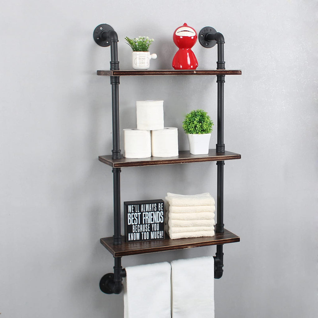 MBQQ Industrial Pipe Shelf Bathroom Shelves Wall Mounted,19.6in Rustic Wood Shelf with Towel Bar,1 Tier Farmhouse Towel Rack,Pipe Shelving Floating Shelves Towel Holder,Black & White