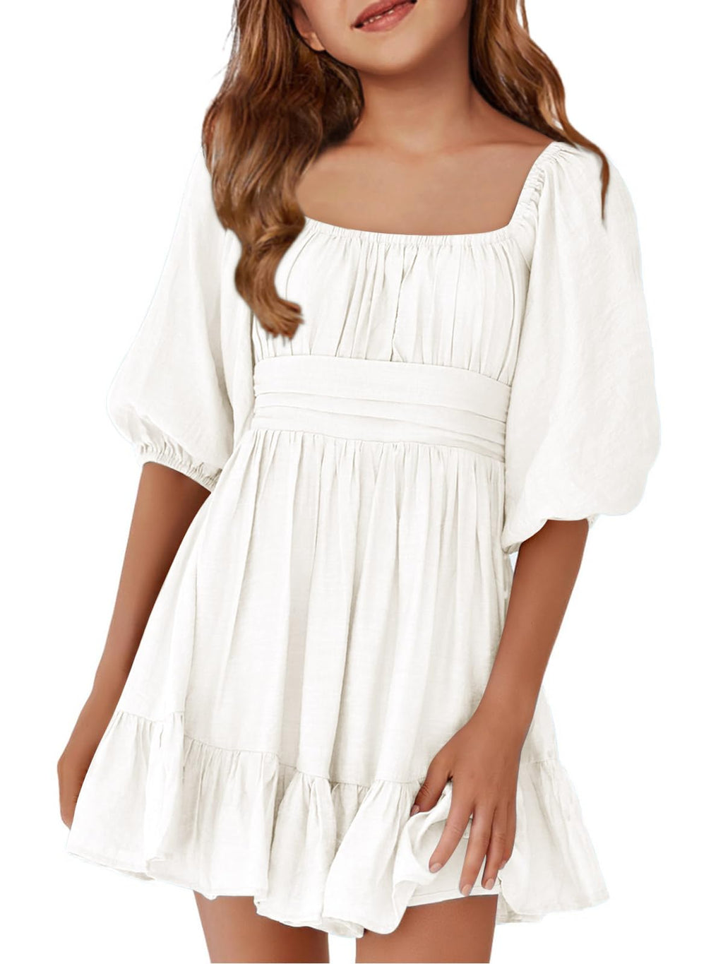 Girls Summer Dresses Square Neck Lantern Sleeve Tie Backless Ruffle A-Line Party Mini Dress