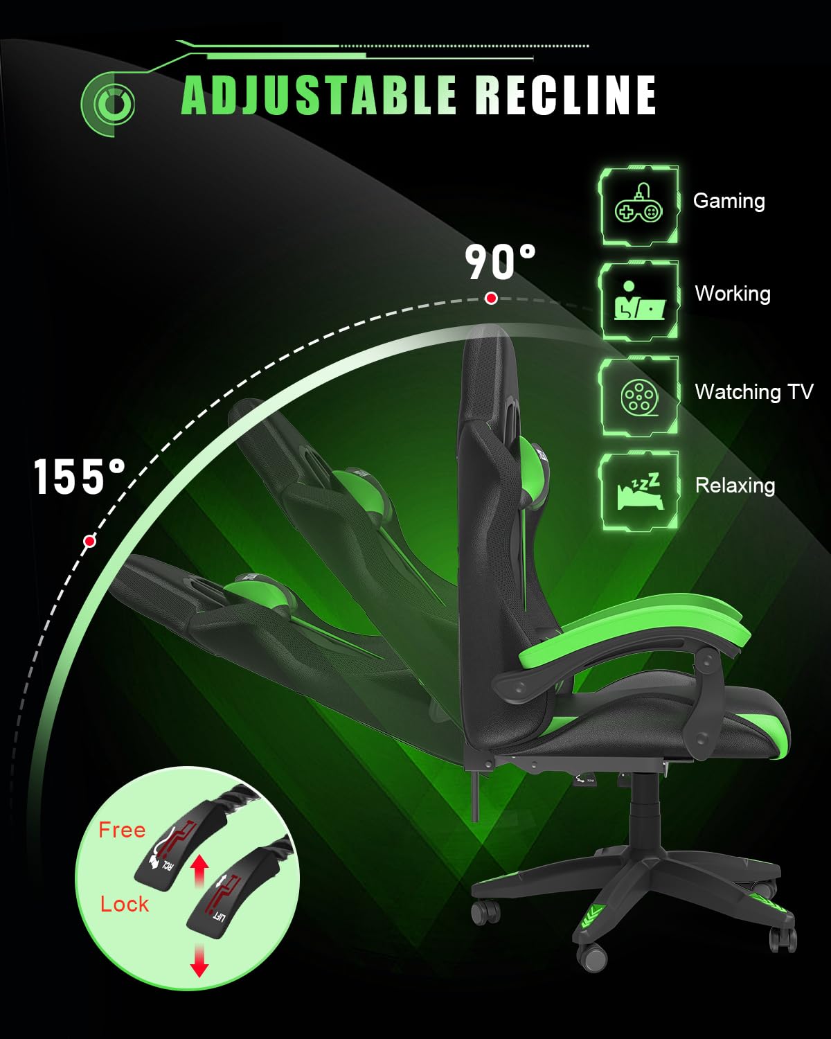 Bigzzia Gaming Chair with RGB LED Lights for Kids & Adults, High Back Ergonomic Computer Gamer Chair with Headrest and Lumbar Support, Racing Style Reclining Game Chair(Black)