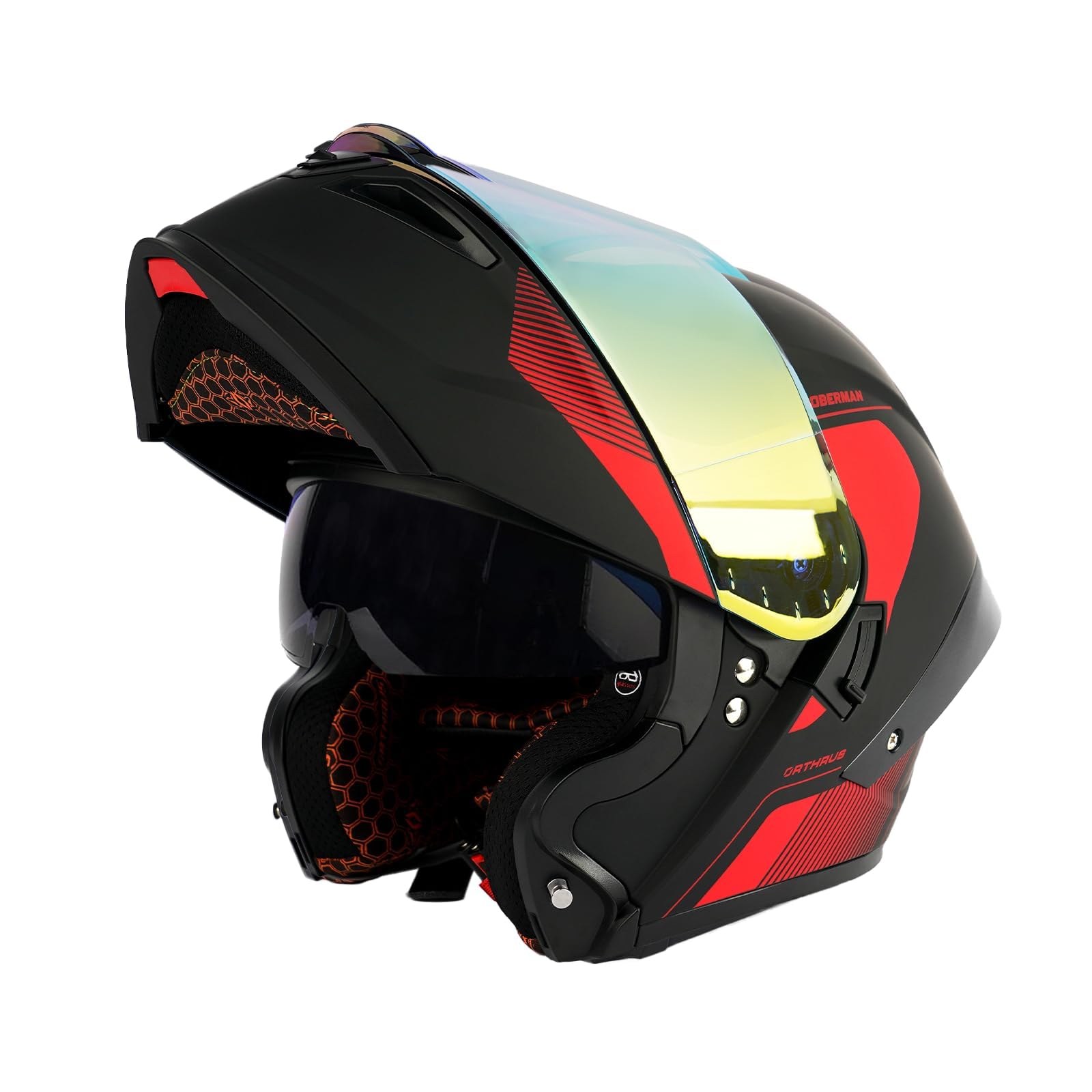 Orthrus Modular LED Full Face Motorcycle Helmet - DOT Approved Flip-Up Dual Visor Sun Shield & Bluetooth Ready for Adults Men Women - Street Bike/Motocross (Dobermann Gold, S)
