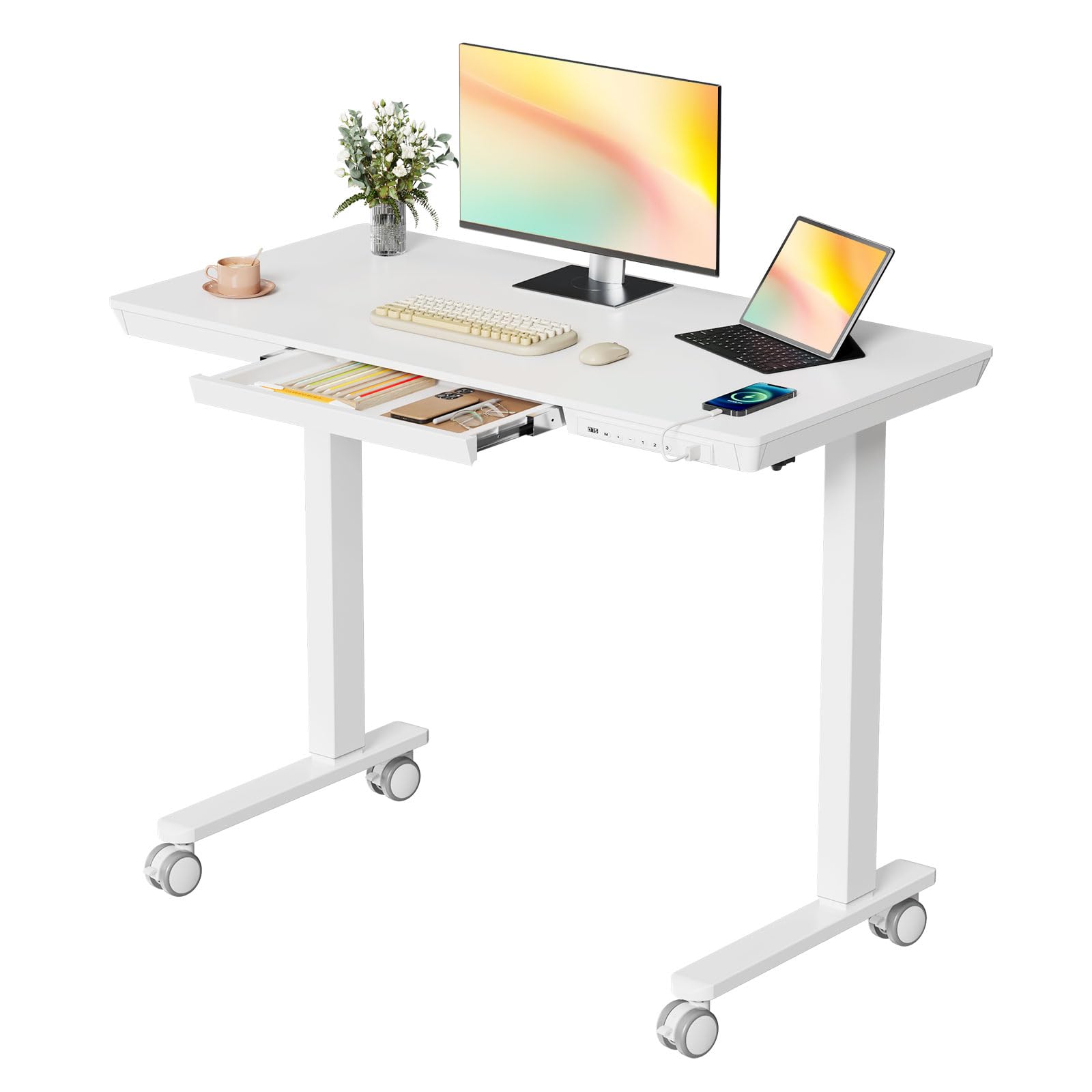 Glass Electric Standing Desk with Drawer, 35" x 20" Whole Piece Tabletop Samll Sit Stand Table, Height Adjustable Workstation with Storage & USB Ports, Quick Install Home Office Desk
