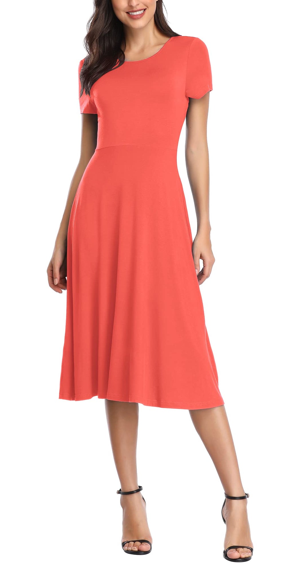 Urban CoCo Women's Vintage Short Sleeve High Waist Flared Midi Casual Summer Dress
