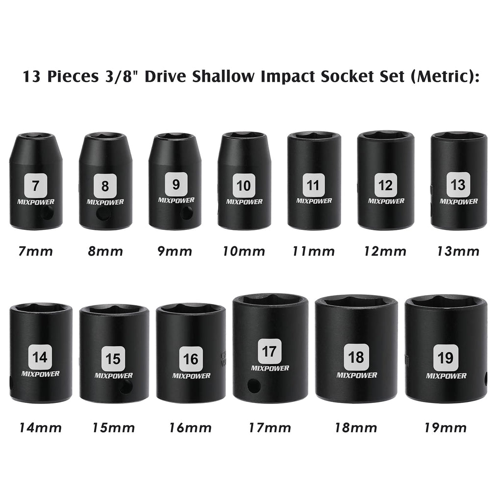 MIXPOWER 12 Pieces 3/8-Inch Drive Shallow Impact Socket Set, 5/16 to 1 inch, CR-V, SAE, 6 Point, Shallow, 12 Pieces 3/8" Dr. Socket