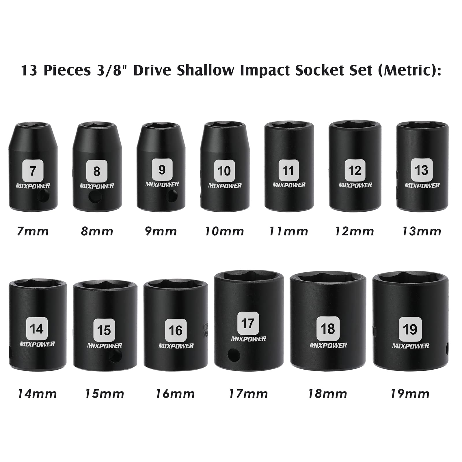 MIXPOWER 12 Pieces 3/8-Inch Drive Shallow Impact Socket Set, 5/16 to 1 inch, CR-V, SAE, 6 Point, Shallow, 12 Pieces 3/8" Dr. Socket