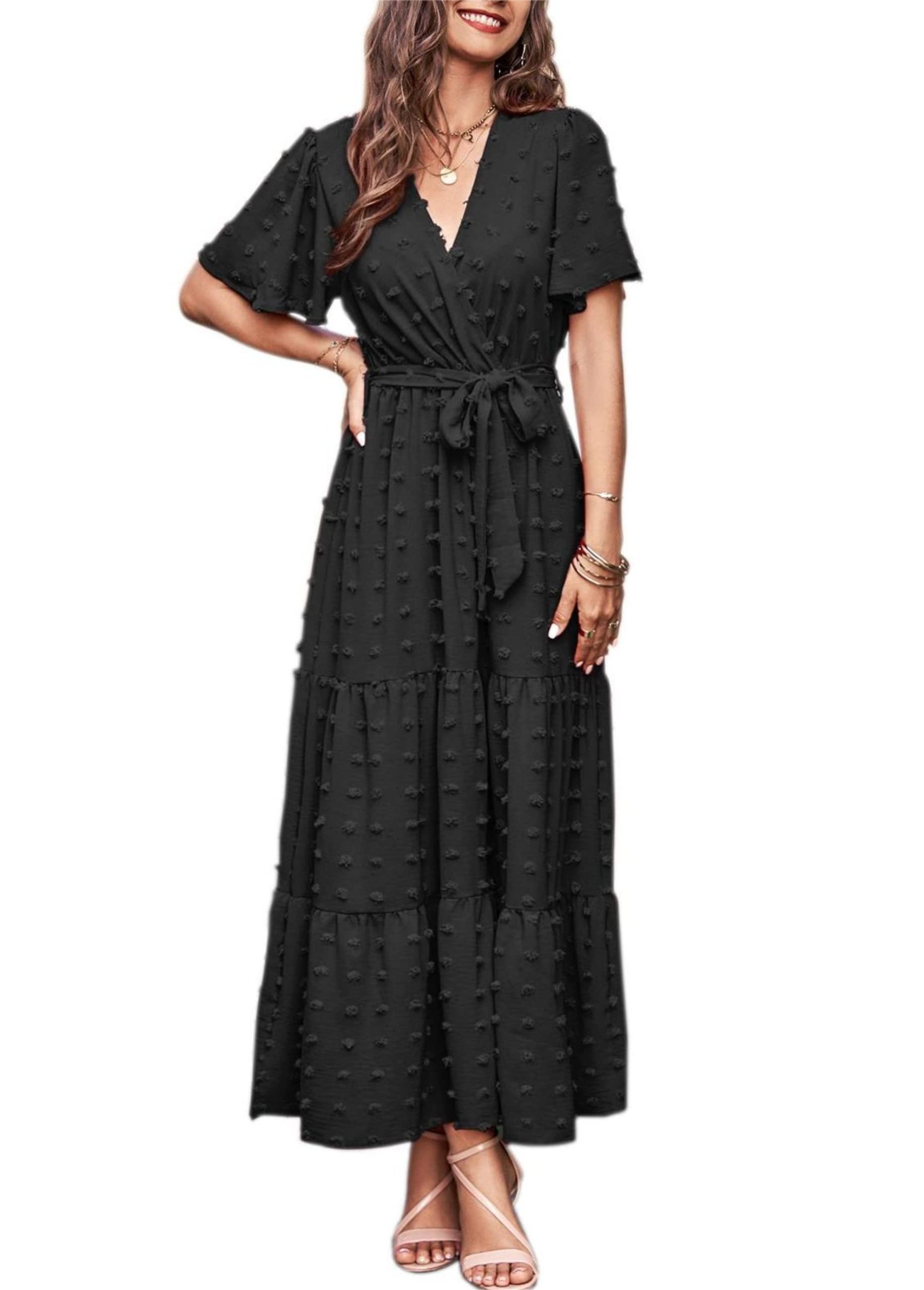 MASCOMODA Womens Summer Swiss Dot Maxi Dresses Wrap V Neck Flutter Short Sleeve Boho Casual Flowy Long Wedding Guest Dress