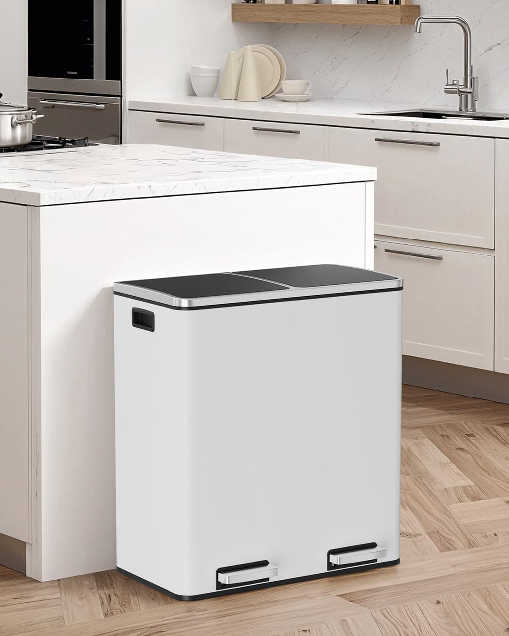 Arlopu Dual Trash Can, 2 x 8 Gallon (2 x 30 L) Hands-Free Trash and Recycle Bin Combo, Stainless Steel Kitchen Garbage Can with Soft-Close Lid, Removable Inner Buckets, Step Pedal, Airtight (Black)