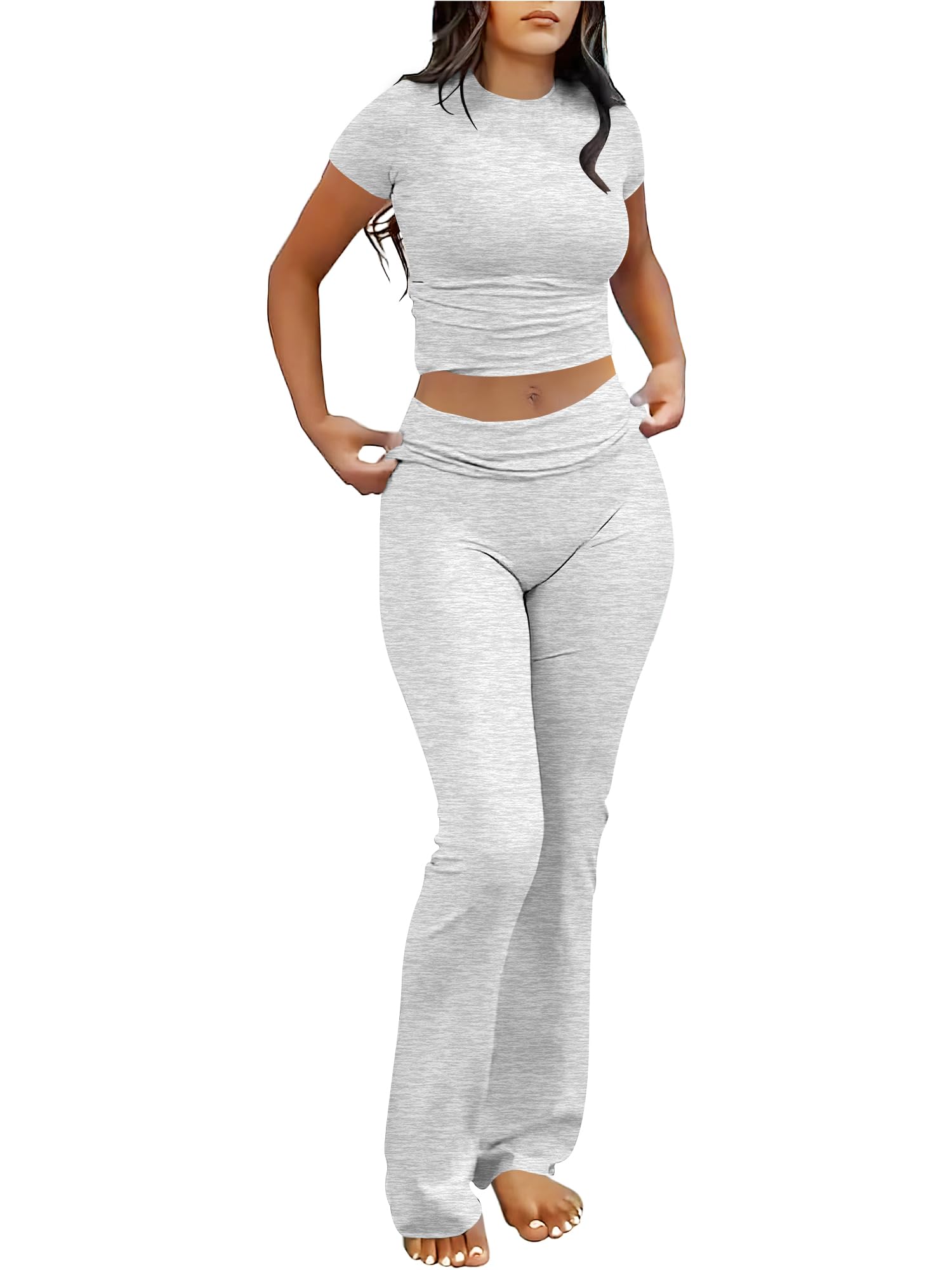 ANRABESS 2 Piece Lounge sets for Women | Soft Comfy Stretchy, Crop Top & Foldover Flare Leggings, Yoga Workout Matching Outfits, Trendy Y2k, Summer Wear Fall Layer