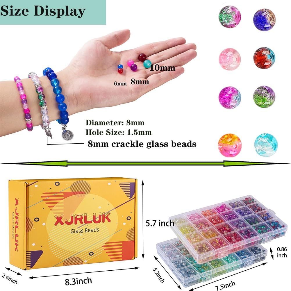 XJRLUK Glass Beads Bracelet Making Kit,1350PCS 48 Colors 8mm Crackle Glass Beads for Jewelry Making, Crystal Glass Round Beads Friendship Bracelet kit for DIY Crafts Gifts