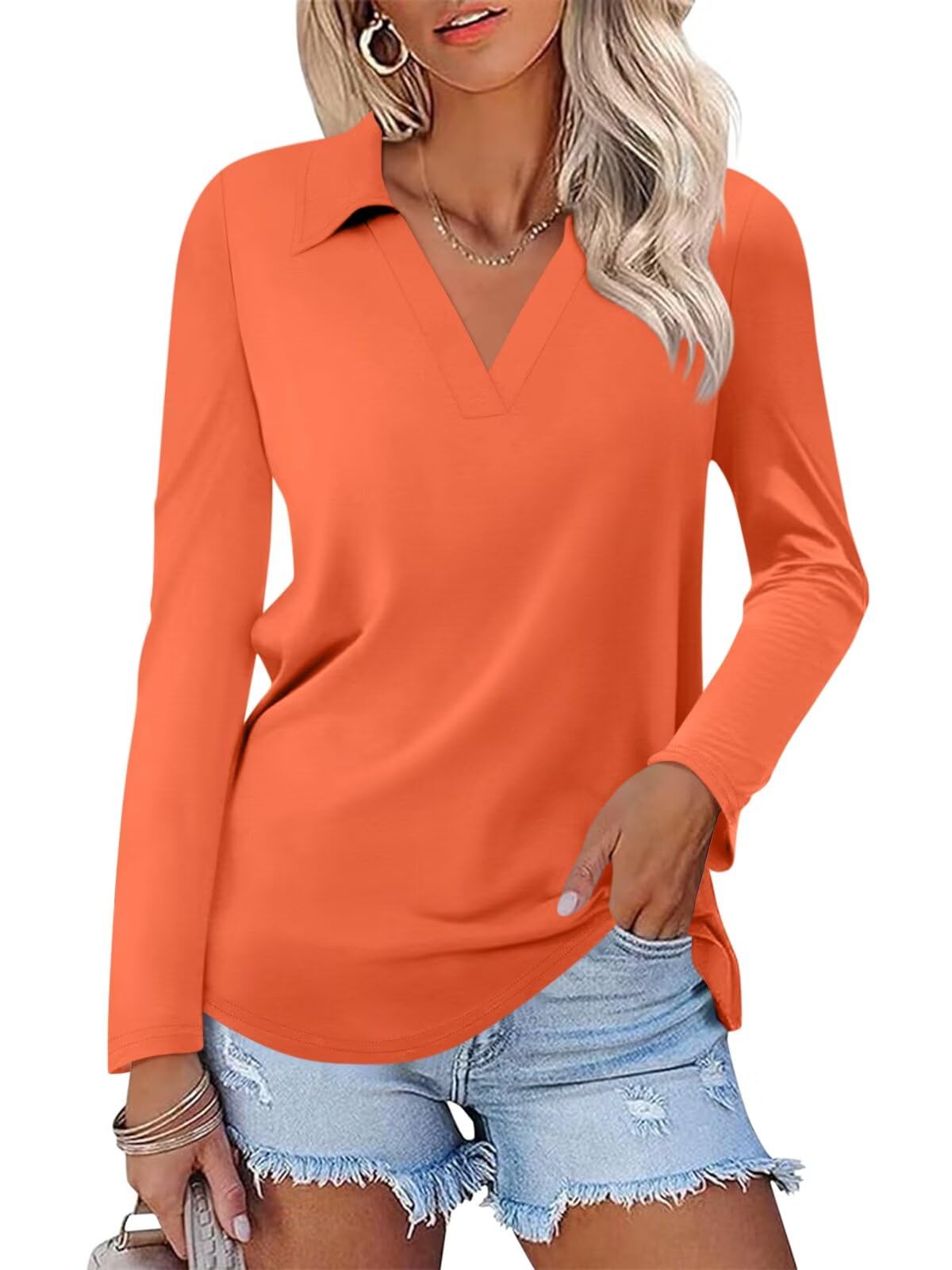 ORANDESIGNE Women's Long Sleeve Polo Shirts Casual Color Block V Neck Tops Fall Collar Ladies Tunics Tees