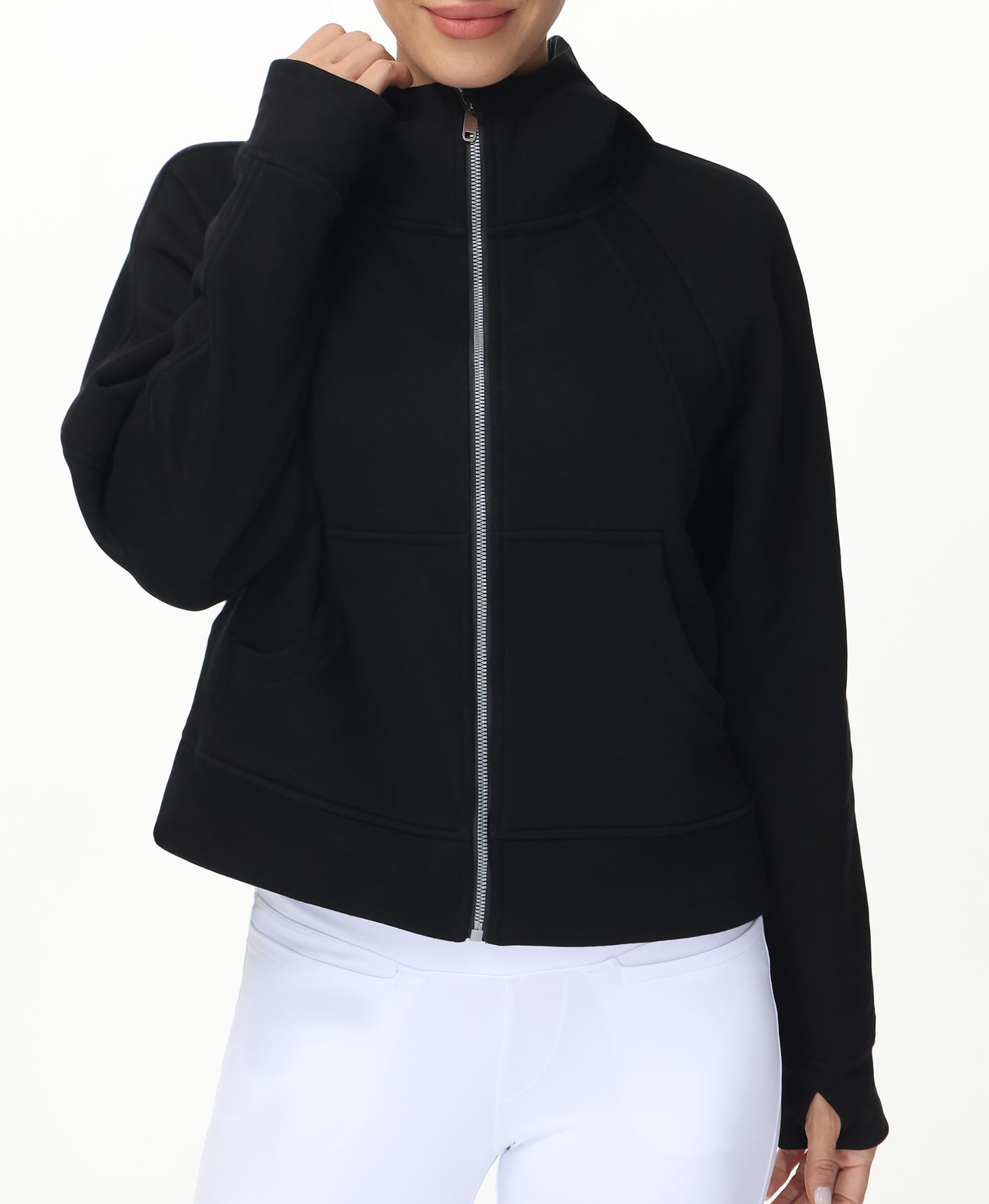THE GYM PEOPLE Women's Full-Zip Up Hoodies Jacket Fleece Workout Crop Tops Sweatshirts with Pockets Thumb Hole