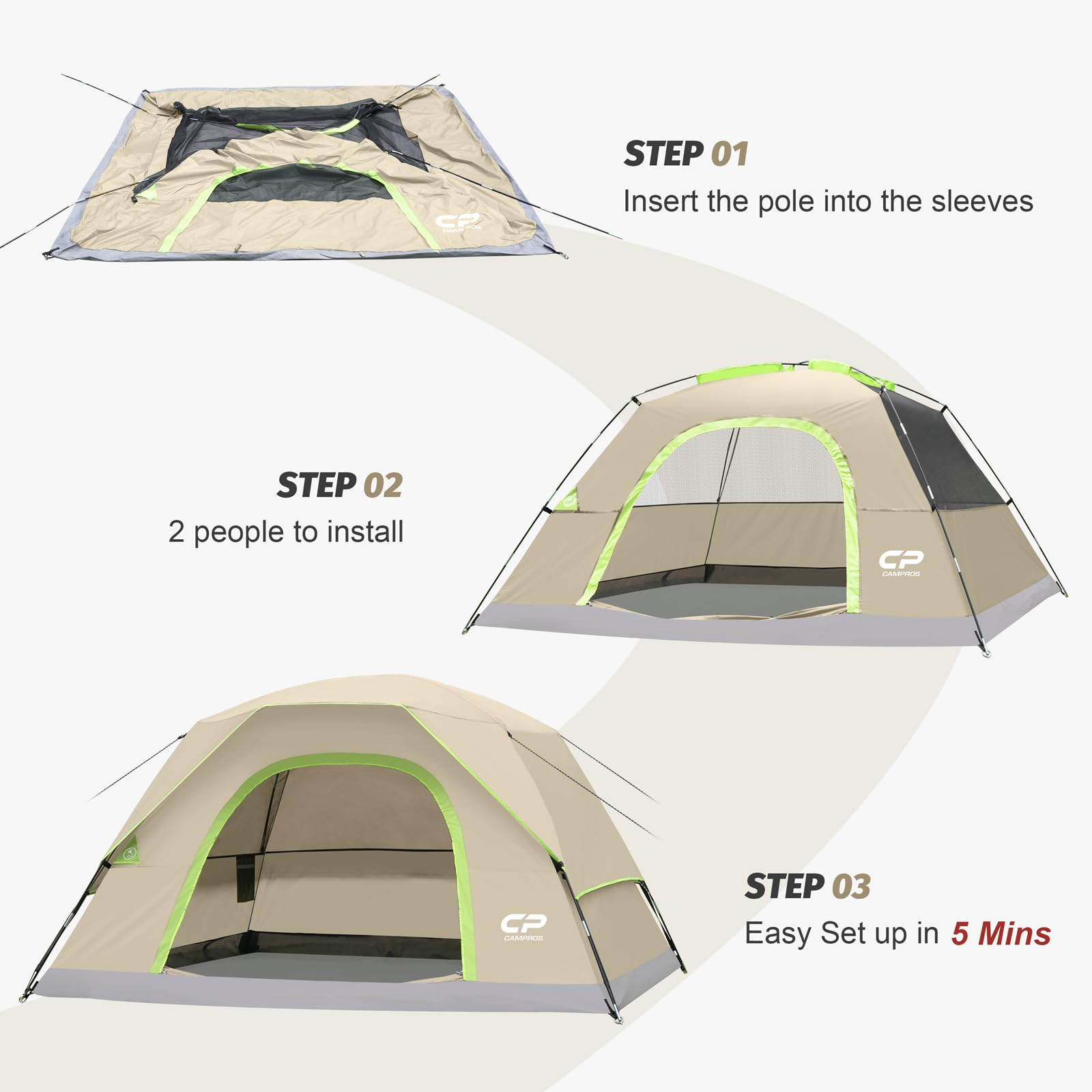 CAMPROS CP Camping Tent 2/4/6 Person, Waterproof Windproof Double Layer Dome Tent, Easy Setup with Large Mesh Windows & Wide Door for Outdoor Camping Backyard