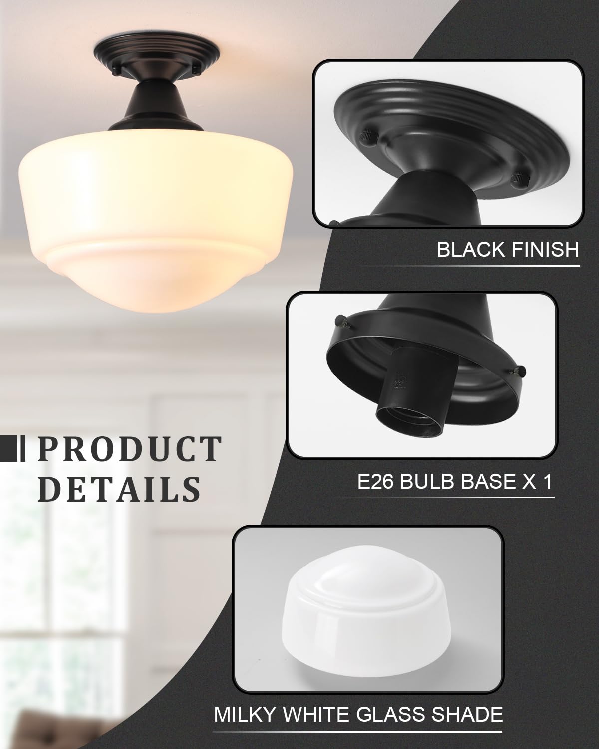Schoolhouse Light Fixture, 12 Inch Black Finish with Milk Glass Semi Flush Mount Ceiling Light, Ceiling Light Fixture for Kitchen Hallway Entryway (Type C Pendant Light)