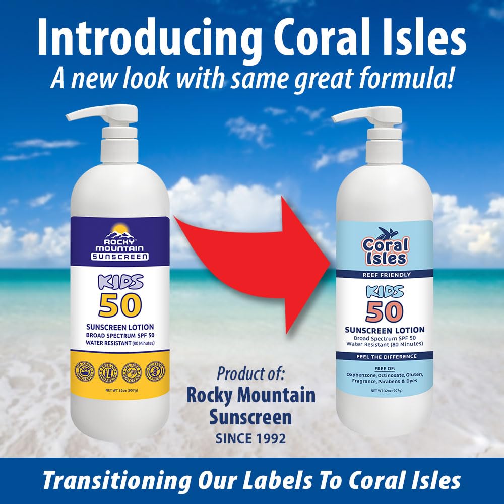 Coral Isles by Rocky Mountain Sunscreen | SPF 30 Lotion | Broad Spectrum UVA/UVB Protection | Hawaii Reef-Safe Act Compliant | Oxybenzone & Octinoxate Free | Water Resistant 80 Min. | 32 Fl Oz