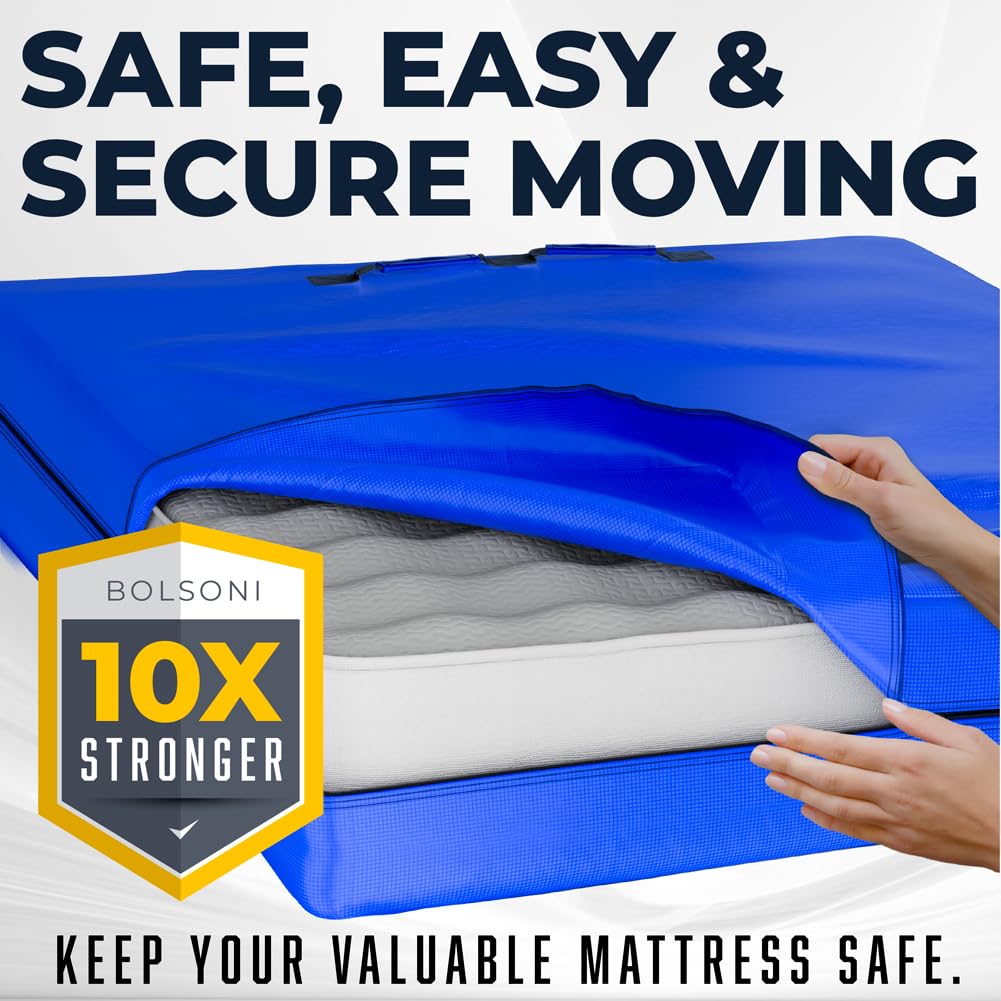 Bolsoni Twin XL Size Mattress Bags for Moving and Storage | Extra Thick Heavy Duty Reusable Mattress Cover Protector Tarp with Premium Strong Zipper and 8 Patented Easy to Carry Handles