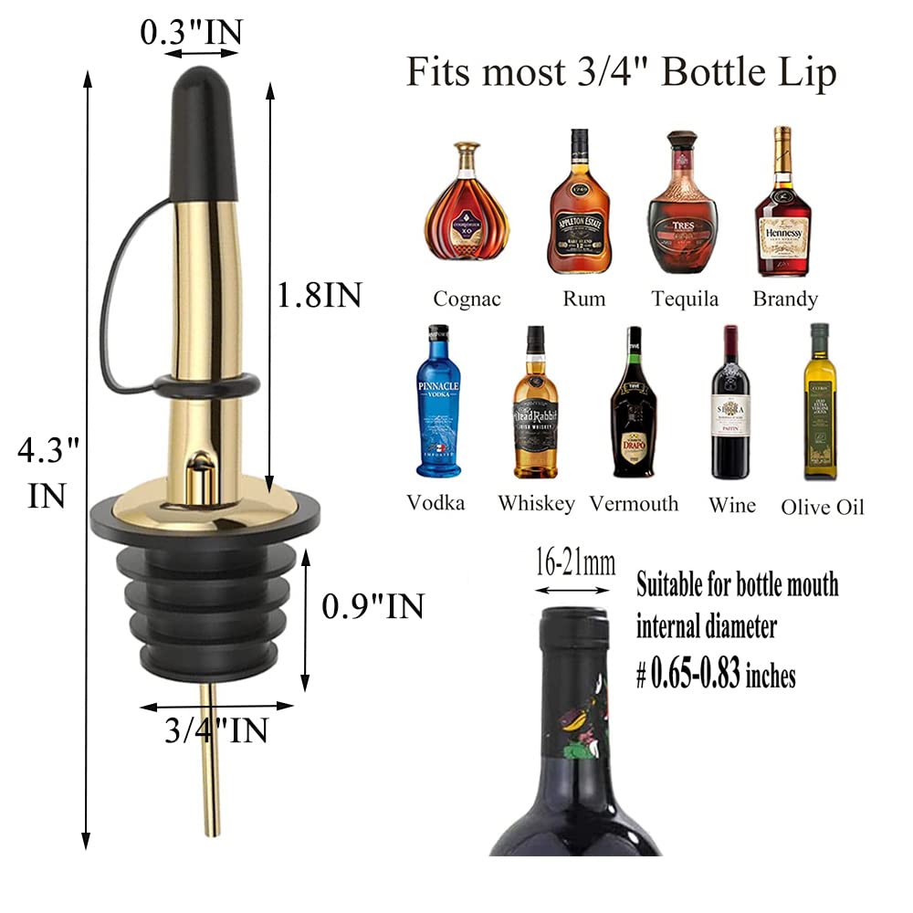 Pafusen 6 Pack Liquor Bottle Pourers, Liquor Pour Spout for Liquor Bottles, Stainless Steel Olive oil Dispenser Spout, Alcohol Pourer Spouts Dust Caps Covers Fixed, Gold