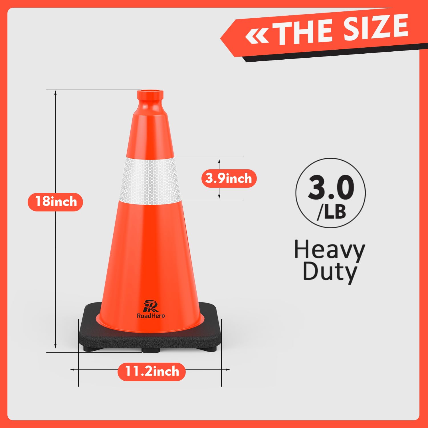 RoadHero 4 Pack Traffic Safety Cones 18 Inch with Black Weighted Base, Plastic PVC Cone, Orange Cones with Reflective Collar, Cones for Parking Lot, Construction Events, Road Safety