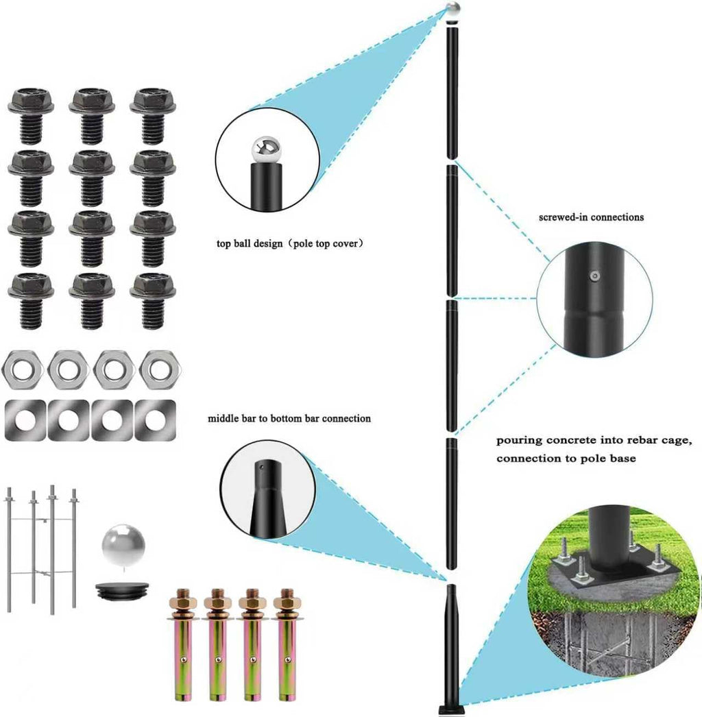 Outdoor Light Pole with Fillable Base, 8ft Cast Iron Lamp Post, 5-Section Heavy Duty Adjustable Pole for Garden, Yard, Pathway & Parking Lot, Portable Sand/Water Box Street Light Stand