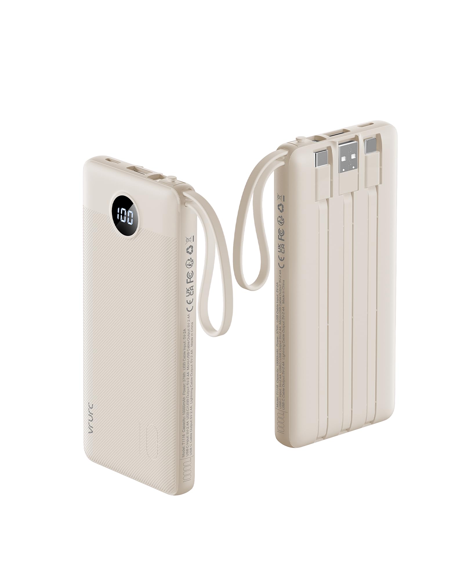 VRURC Portable Charger Power Bank, USB C Battery Pack 10000mAh, Flight-Safe Travel Essentials, 5 Outputs 2 Inputs Slim Phone Charging Bank Built-in Cables for Multi Devices-Lavender(1 Pack)
