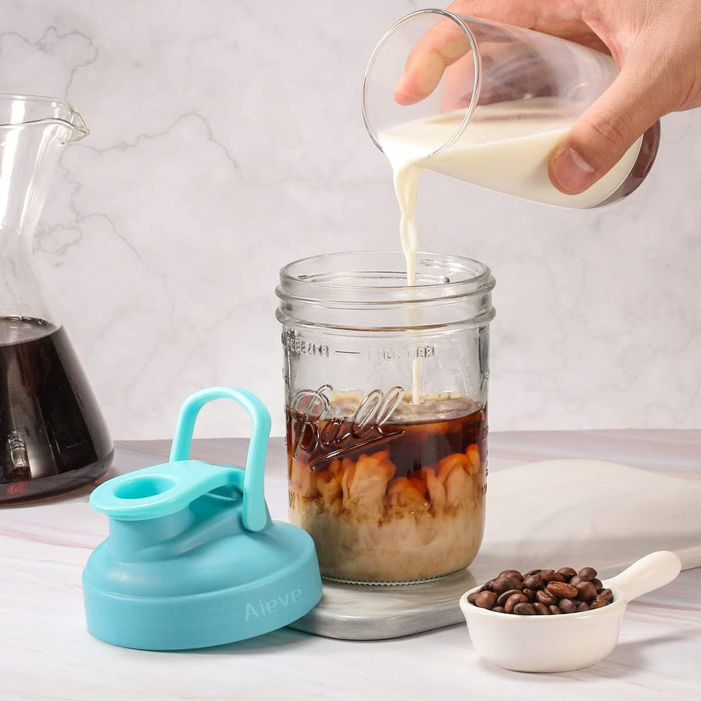 Aieve Stainless Steel Mason Jar Pour Spout Lid, 2 Pack Wide Mouth Mason Jar Pitcher Flip Cap Lids with Handle for Ball Jar Lids (3.38 inch)