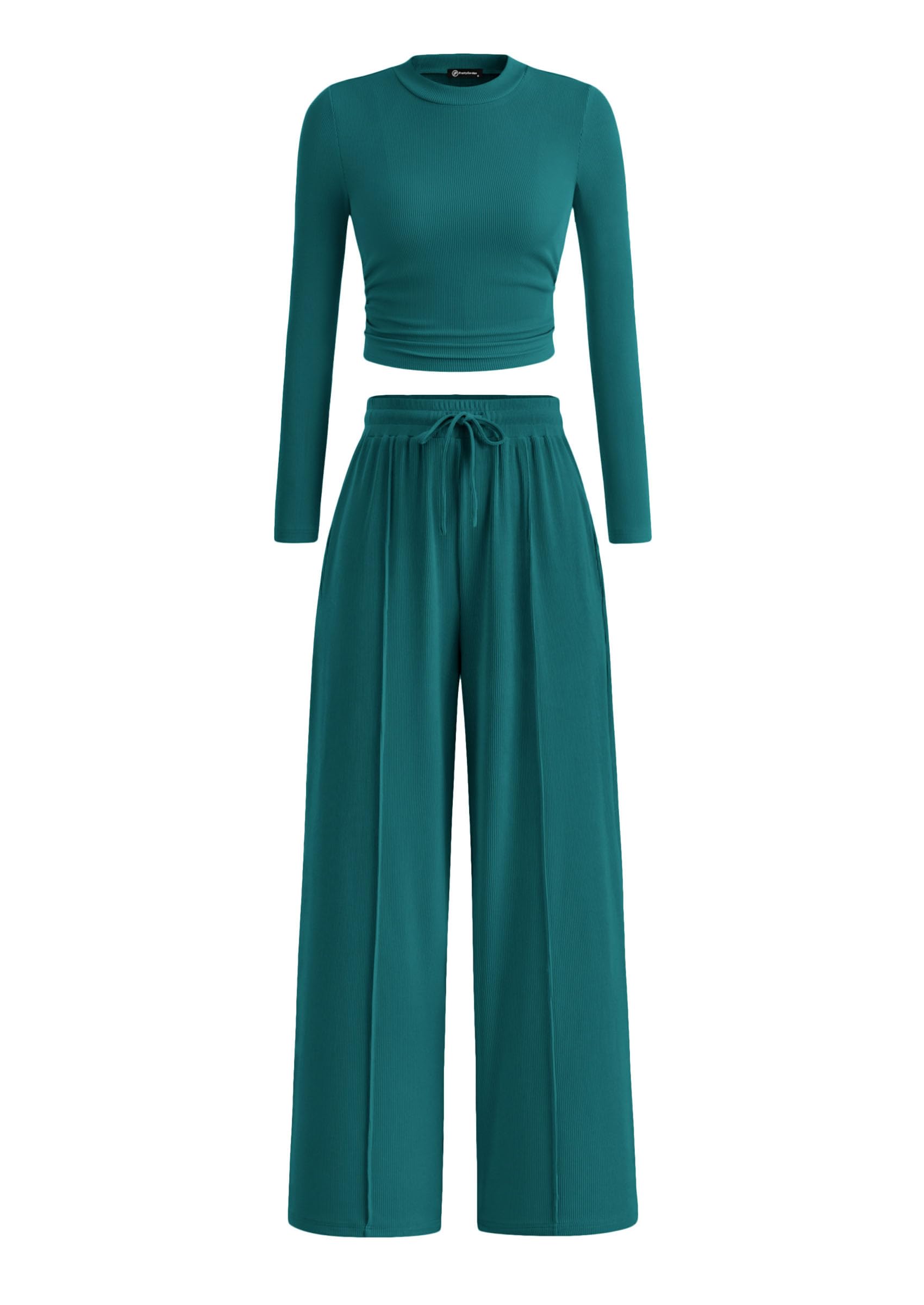 PRETTYGARDEN Women's 2 Piece Sets 2026 Fall Long Sleeve Crop Tops Wide Leg Pants Matching Outfit Tracksuits Spring Clothes