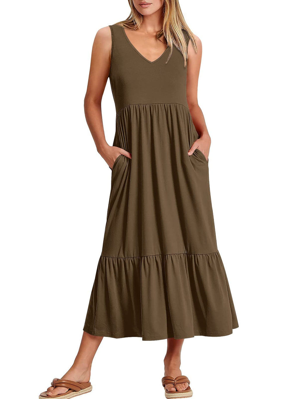 ANRABESS Women Summer Maxi Dresses A-line Tiered Flowy V Neck Sleeveless Swing 2026 Casual Beach Travel Sundress with Pockets