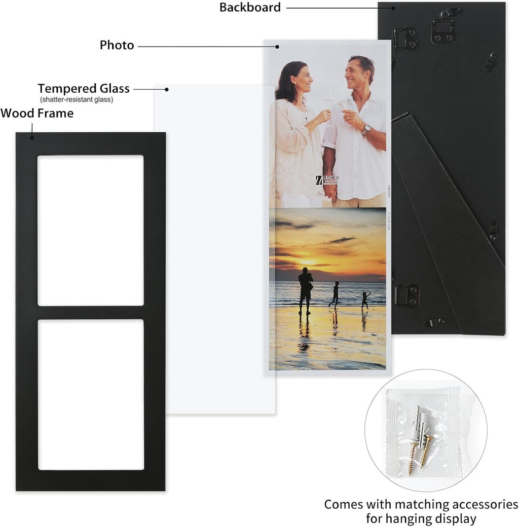 4x6 2-Opening Collage Frame Black Wood | Two 4x6 openings, shatter-resistant glass, tabletop & wall mount