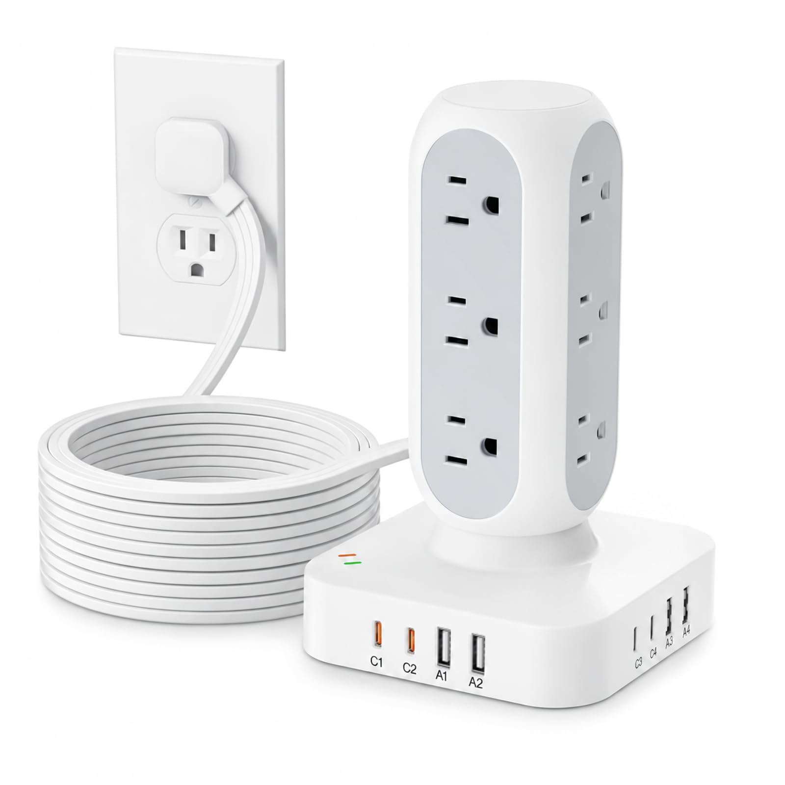 Flat Plug Power Strip Tower, TenTrend Dual PD 20W USB-C Charger Tower with 12 AC Outlets & 8 USB Ports (4 USB C), 40W Total Fast Charging Station, 10FT Extension Cord for Desk Office Dorm Room