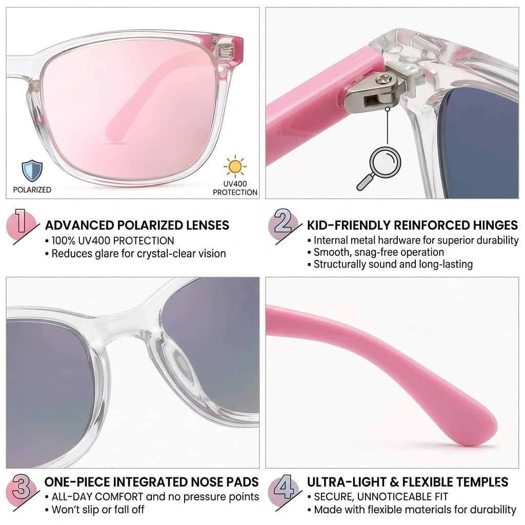 COASION Polarized Kids Sunglasses UV 400 Protection for Girls Boys Classic Retro Style Toddler Shades Age 3-12