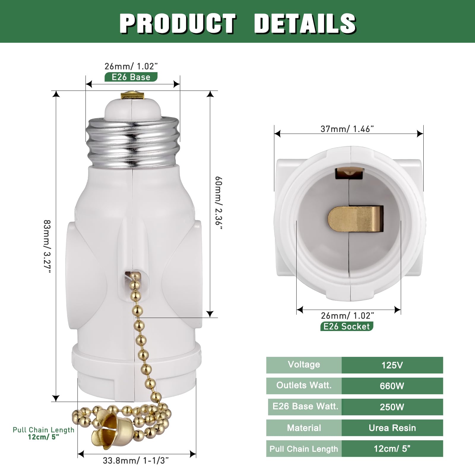 2-Pack E26 Light Socket Adapter - Converts Medium Screw Socket to Two Outlets With Pull Chain Switch - UL Listed, White
