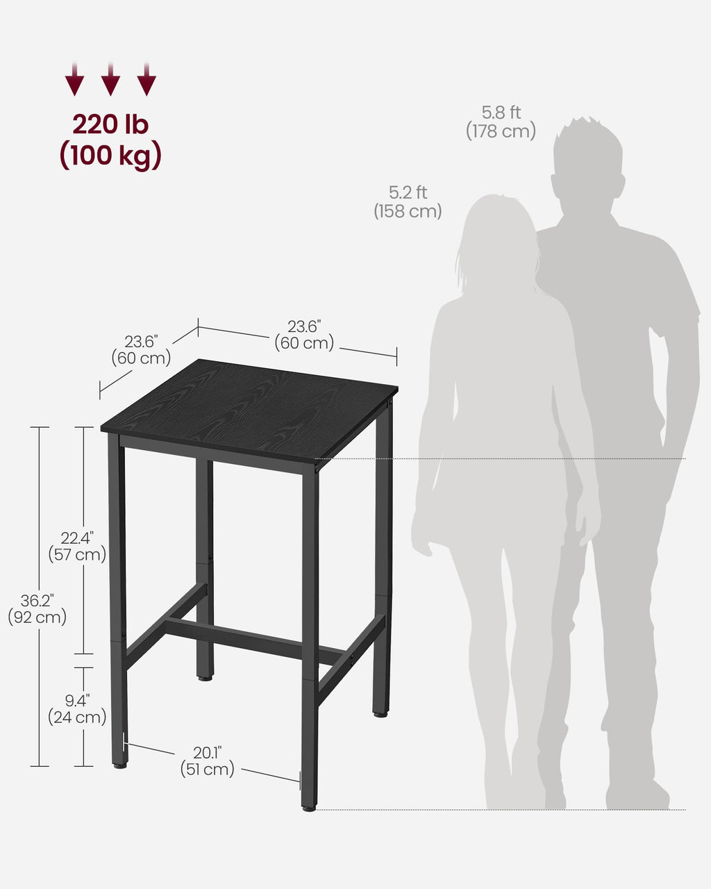 VASAGLE Bar Table, Kitchen Dining Table, High Top Pub Table, Bar Height Cocktail Table for Living Room Party, Sturdy Metal, 15.7 x 39.4 x 35.4 Inches for Narrow Spaces, Ebony Black and Ink Black