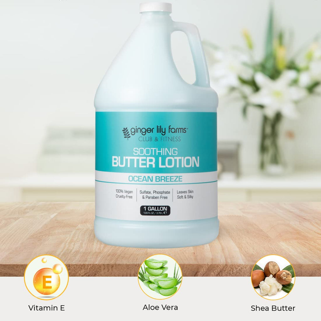 Ginger Lily Farms Club & Fitness Soothing Butter Lotion for Dry Skin, 100% Vegan & Cruelty-Free, Aloe Vera Scent, 1 Gallon (128 fl oz) Refill