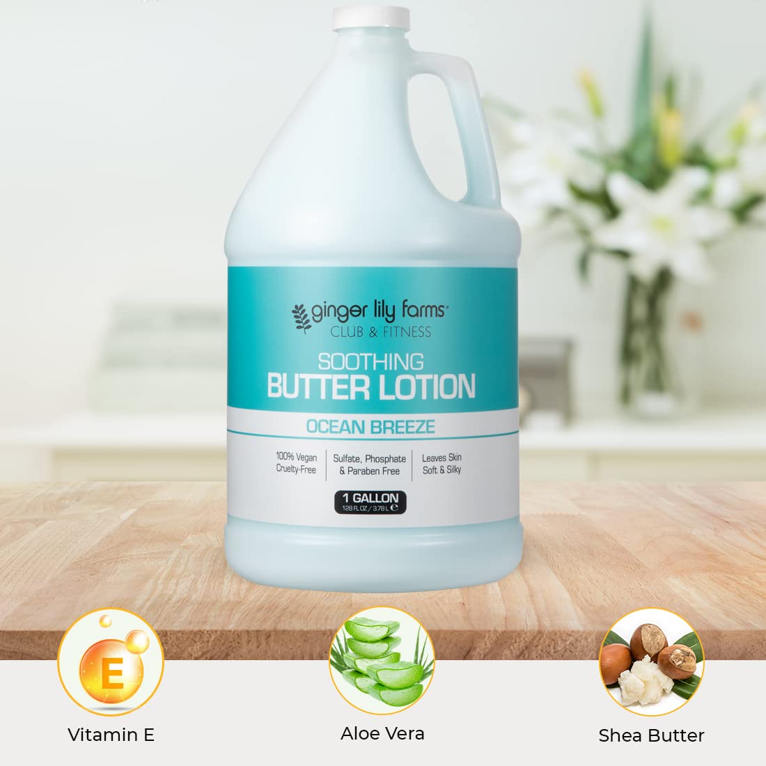Ginger Lily Farms Club & Fitness Soothing Butter Lotion for Dry Skin, 100% Vegan & Cruelty-Free, Aloe Vera Scent, 1 Gallon (128 fl oz) Refill