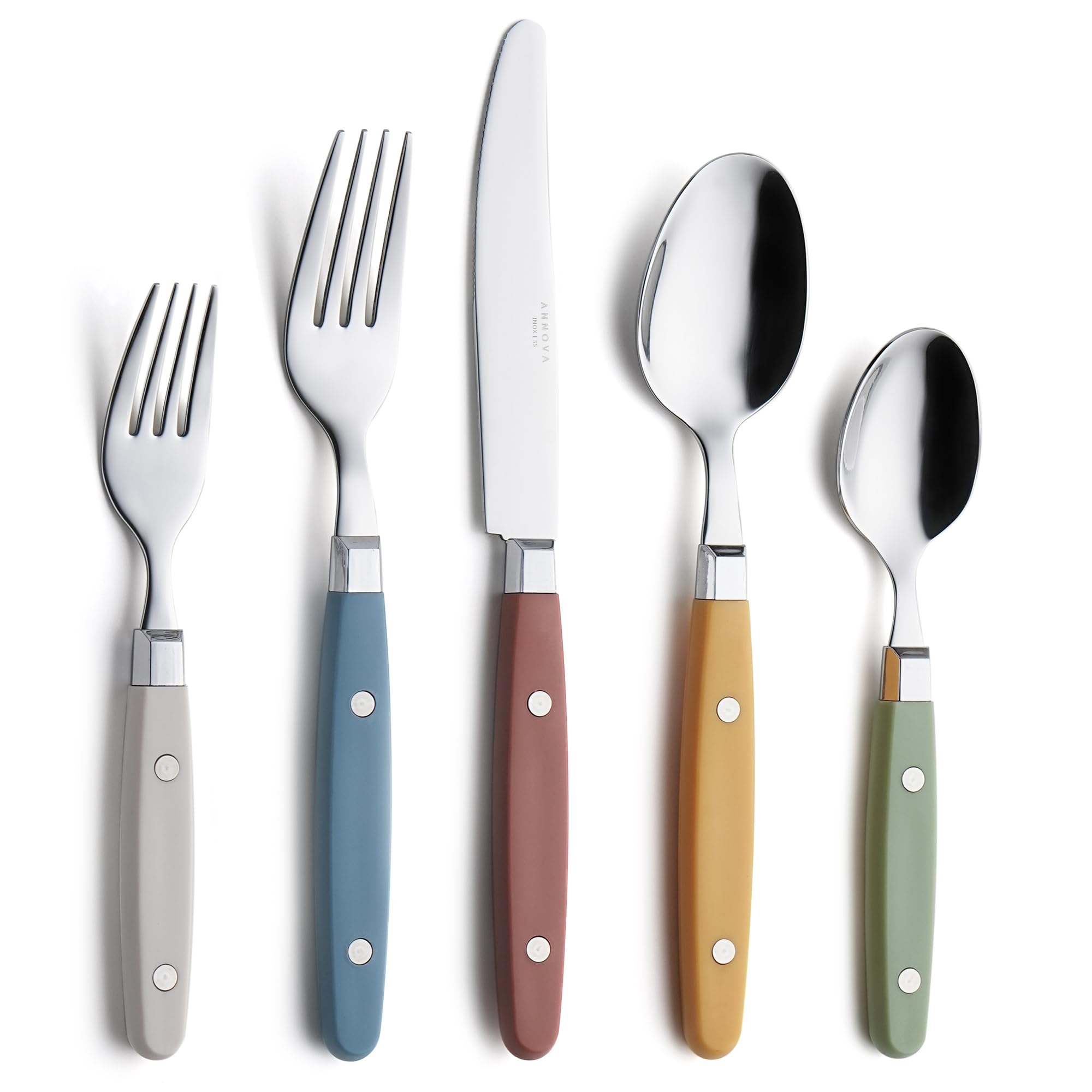 ANNOVA Silverware Set, Retro/Rivet Colorful Stainless Steel Tableware Kitchen Flatware Set Utensils, Includes Dinner Knives, Forks, Spoons, Salad Forks & Dessert Spoons (Brown, 20 Pieces)