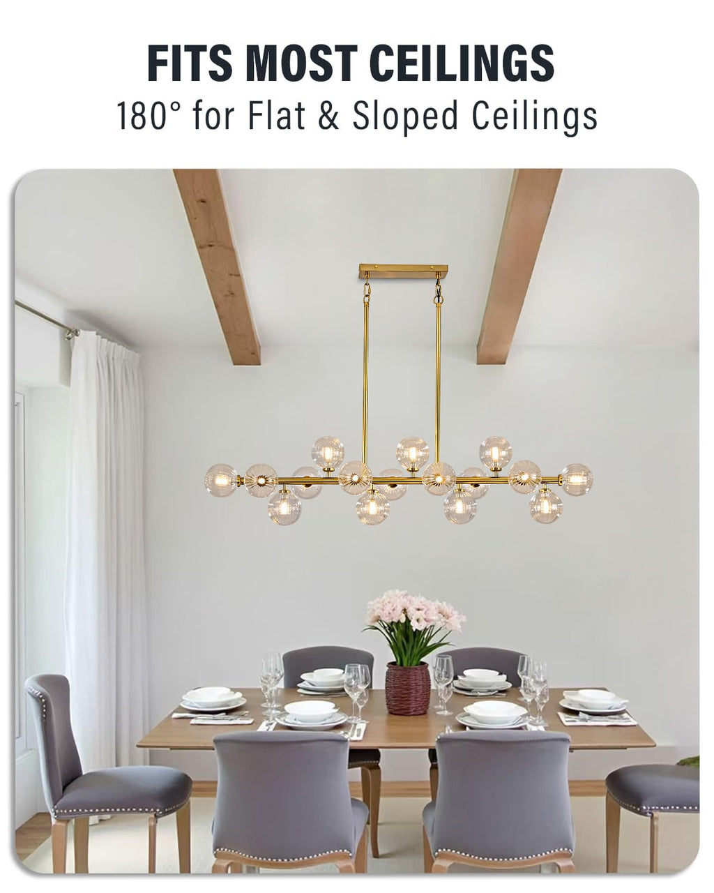Modern Linear Chandeliers for Dining Room, 8-Light Globe Sputnik Pendant Ceiling Light, Black Dining Room Light Fixture Over Table, Mid Century Glass Milk White Bubble, 31.5 Inch, GC-09