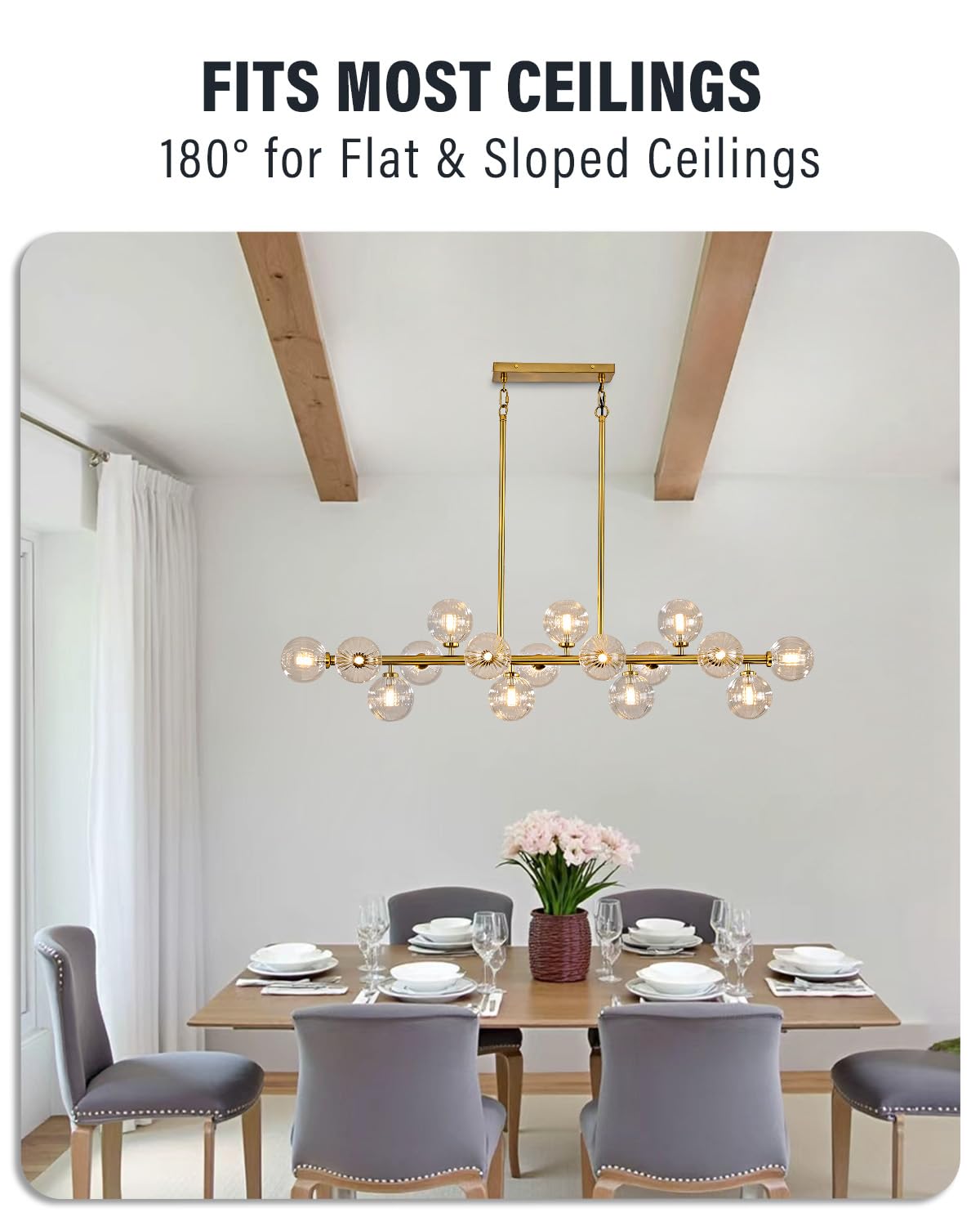 Modern Linear Chandeliers for Dining Room, 8-Light Globe Sputnik Pendant Ceiling Light, Black Dining Room Light Fixture Over Table, Mid Century Glass Milk White Bubble, 31.5 Inch, GC-09