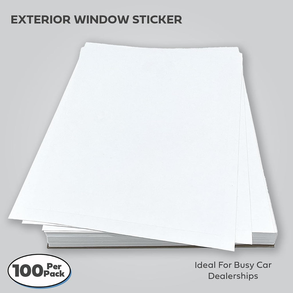 Window Stickers for Car Dealers -Plain Blank White - Exterior, 'Outdoor' | 8.5" x 11" | (100 Pack) (Laser Printer Only) (Adhesive)