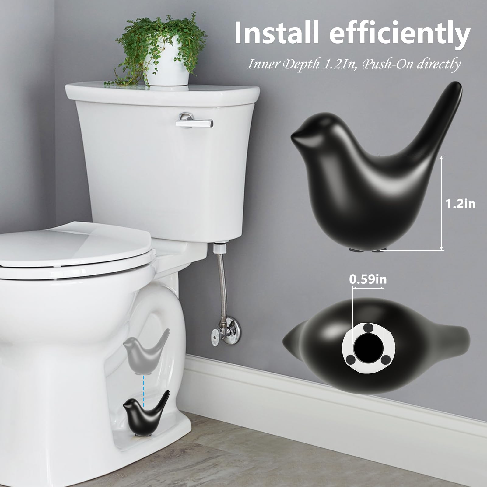 MENNTY Black Polar Bear Toilet Bolt Covers Decorative - 2 Glossy Black Ceramic Toilet Bolt Caps + 4 Universal Toilet Caps for Bottom of Toilet, Modern Monochrome Bathroom Decor