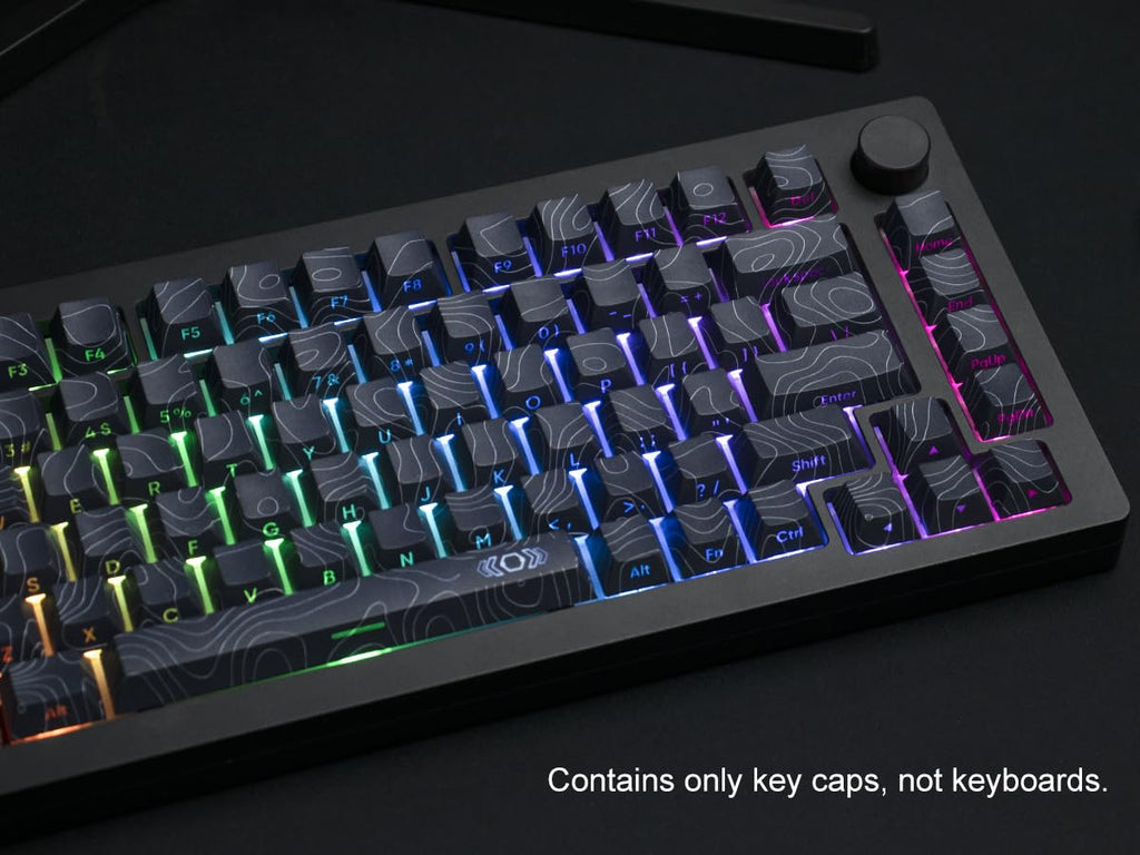 dagaladoo Black Topographic keycaps Double Shot PBT keycaps Shine Through Keyboard Keys Side Printed Key caps Cherry Profile Custom keycap Set for100%, 75%, 65%, 60% US Layout Mechanical Keyboard