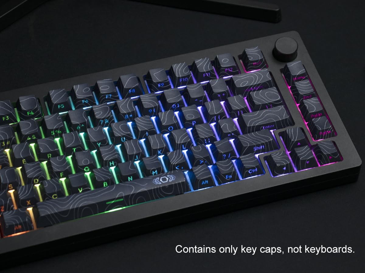 dagaladoo Black Topographic keycaps Double Shot PBT keycaps Shine Through Keyboard Keys Side Printed Key caps Cherry Profile Custom keycap Set for100%, 75%, 65%, 60% US Layout Mechanical Keyboard