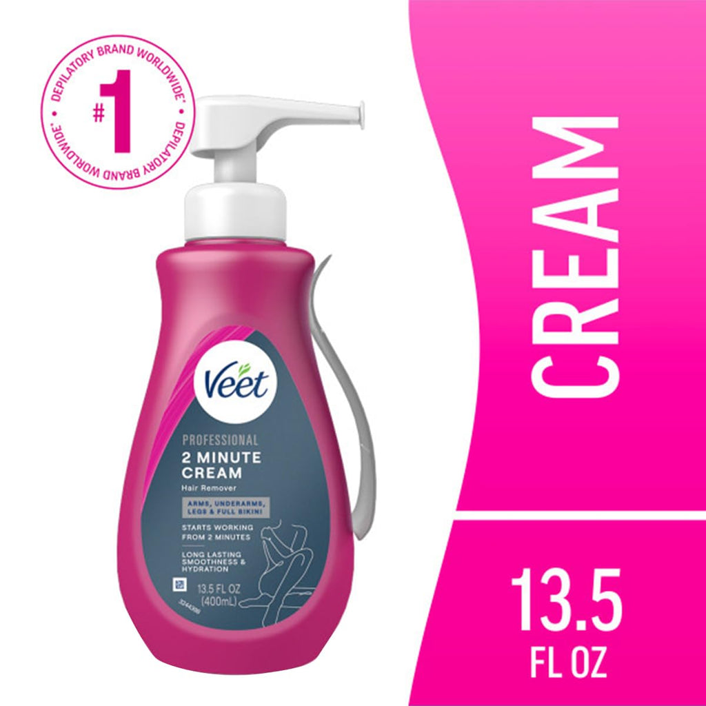 VEET Professional 2 Minute Cream for All Skin Types with Shea Butter, Effective Full Bikini & Pubic Hair Removal, Dermatologically Tested, 13.5 FL OZ Bottle w/Spatula