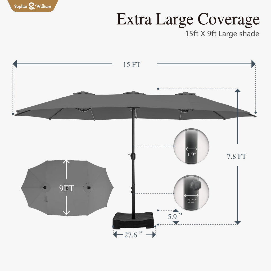 Sophia & William 15 ft Extra Large Patio Umbrella with Base Included, Rectangular Outdoor Umbrella Heavy Duty, Market Umbrella Double-sided Fade Resistant for Pool Garden Backyard, Beige