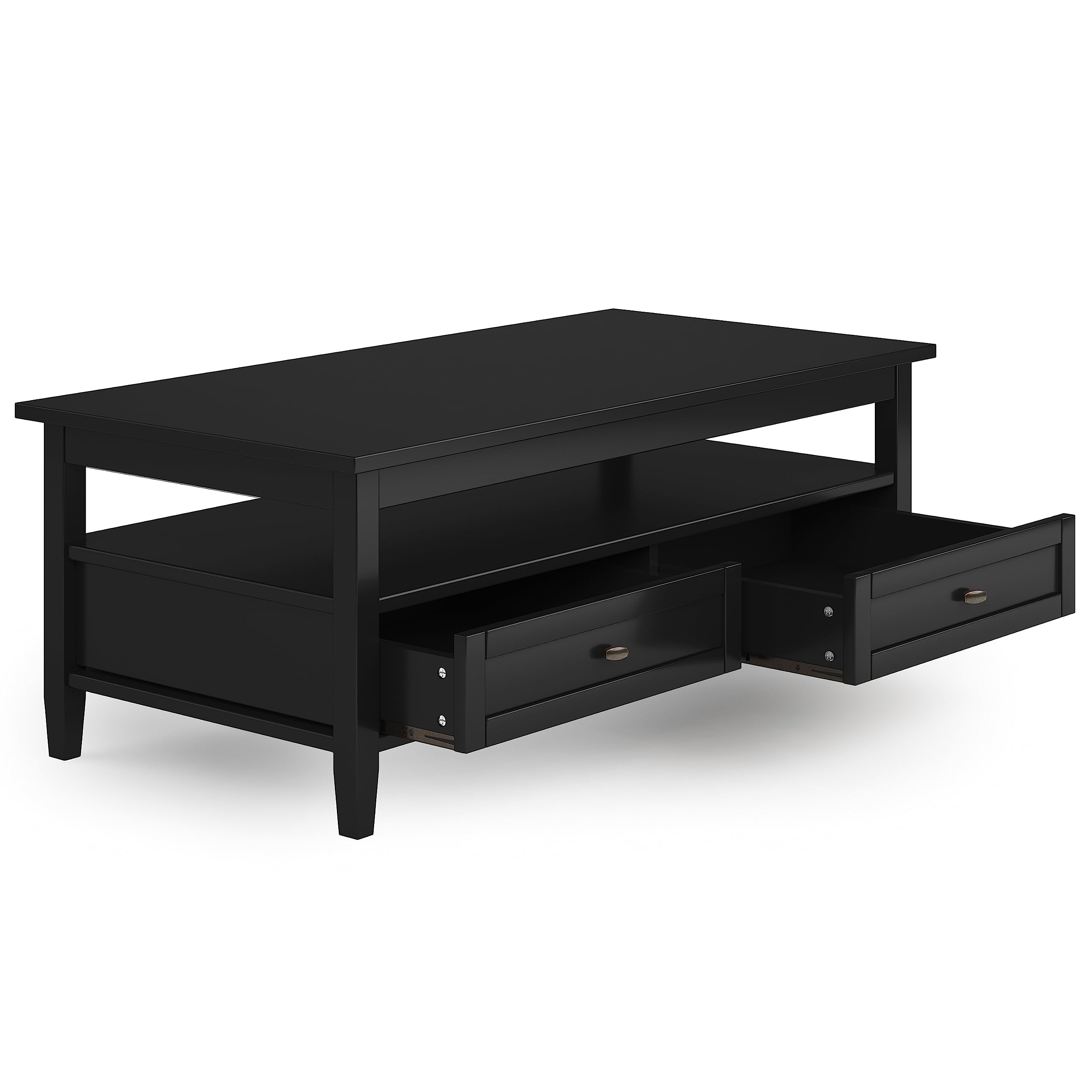 SIMPLIHOME Warm Shaker Coffee Table - 48 inch Wide Solid Wood Coffee Table in Black, Transitional Living Room Table with 2 Drawers, Open Shelf, Shaker Fronts and Tapered Legs