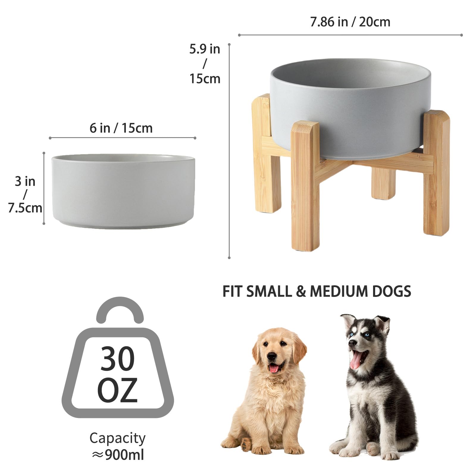 6'' Ceramic Raised Dog Bowl - 30Oz Dog Food & Water Bowl with Elevated Non-Slip Bamboo Stand, Dishwasher & Microwave Safe, Anti Vomiting Heavy Duty Pet Bowl for Small and Medium Dogs, Black