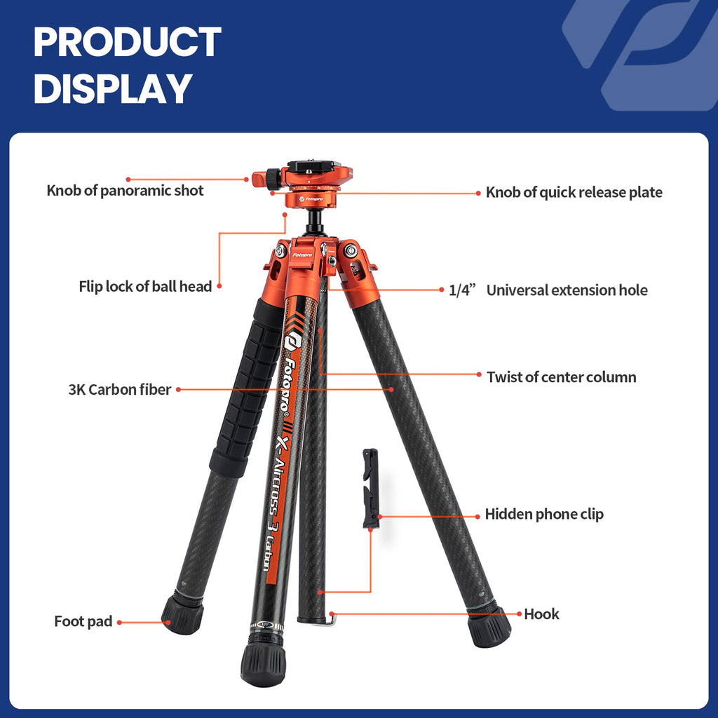 Fotopro 60" Camera Tripod, Carbon Fiber Travel Tripod with 360° Ball Head, Ultralight 2.1lbs, 22lbs Load, Quick Lock, Folds to 14.3" Carry-On, for DSLR Mirrorless Cameras, X-Aircross 3 Blue
