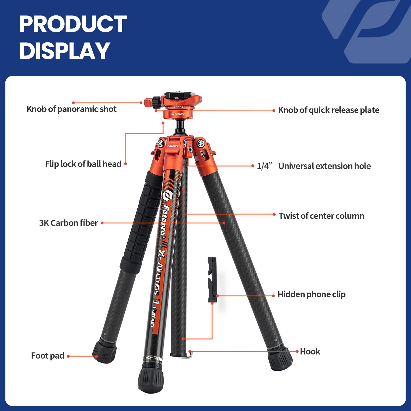 Fotopro 60" Camera Tripod, Carbon Fiber Travel Tripod with 360° Ball Head, Ultralight 2.1lbs, 22lbs Load, Quick Lock, Folds to 14.3" Carry-On, for DSLR Mirrorless Cameras, X-Aircross 3 Blue