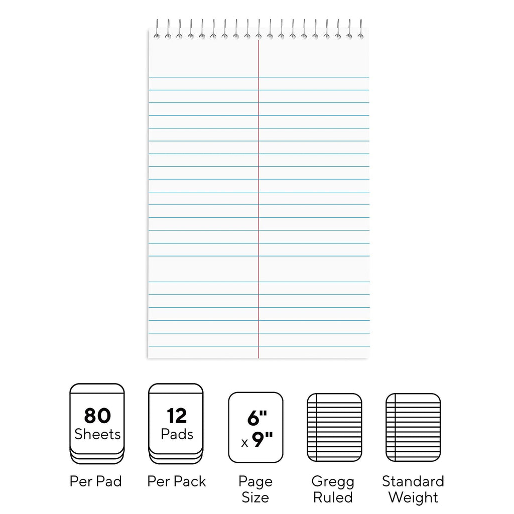 STAPLES Steno Pads, 6” x 9”, Gregg Ruled, Green Paper, 12‑Pack