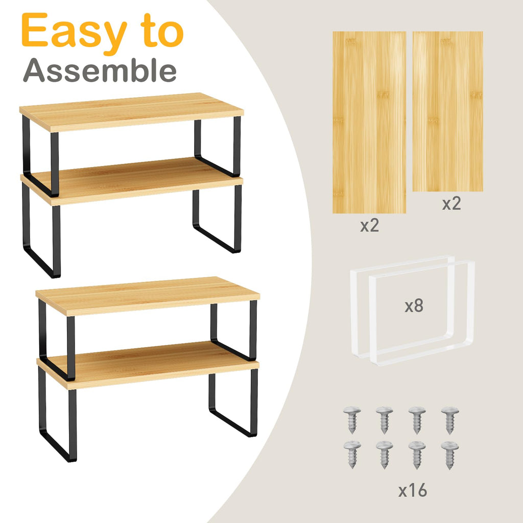 OGEMXU Cabinet Shelf Organizers, 15.7 inches Large Kitchen Counter Shelf, Set of 2 Wood Kitchen Pantry Organizer, Storage Shelves for Countertop, Spice Rack, Stackable, Expandable, Metal Black, Brown