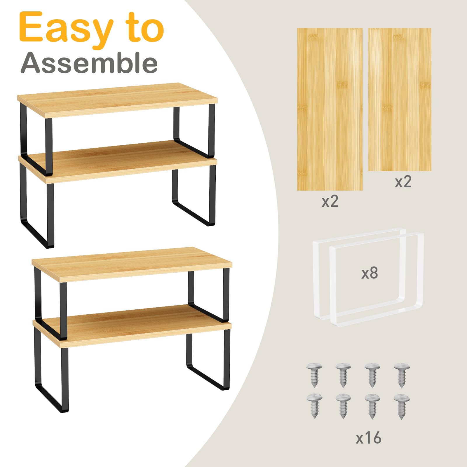 OGEMXU Cabinet Shelf Organizers, 15.7 inches Large Kitchen Counter Shelf, Set of 2 Wood Kitchen Pantry Organizer, Storage Shelves for Countertop, Spice Rack, Stackable, Expandable, Metal Black, Brown